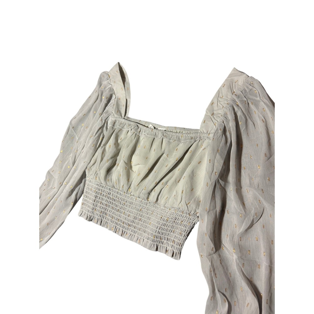 By the‎ River Gray Gold Metallic Smocked Crop Top Balloon Sleeve Blouse